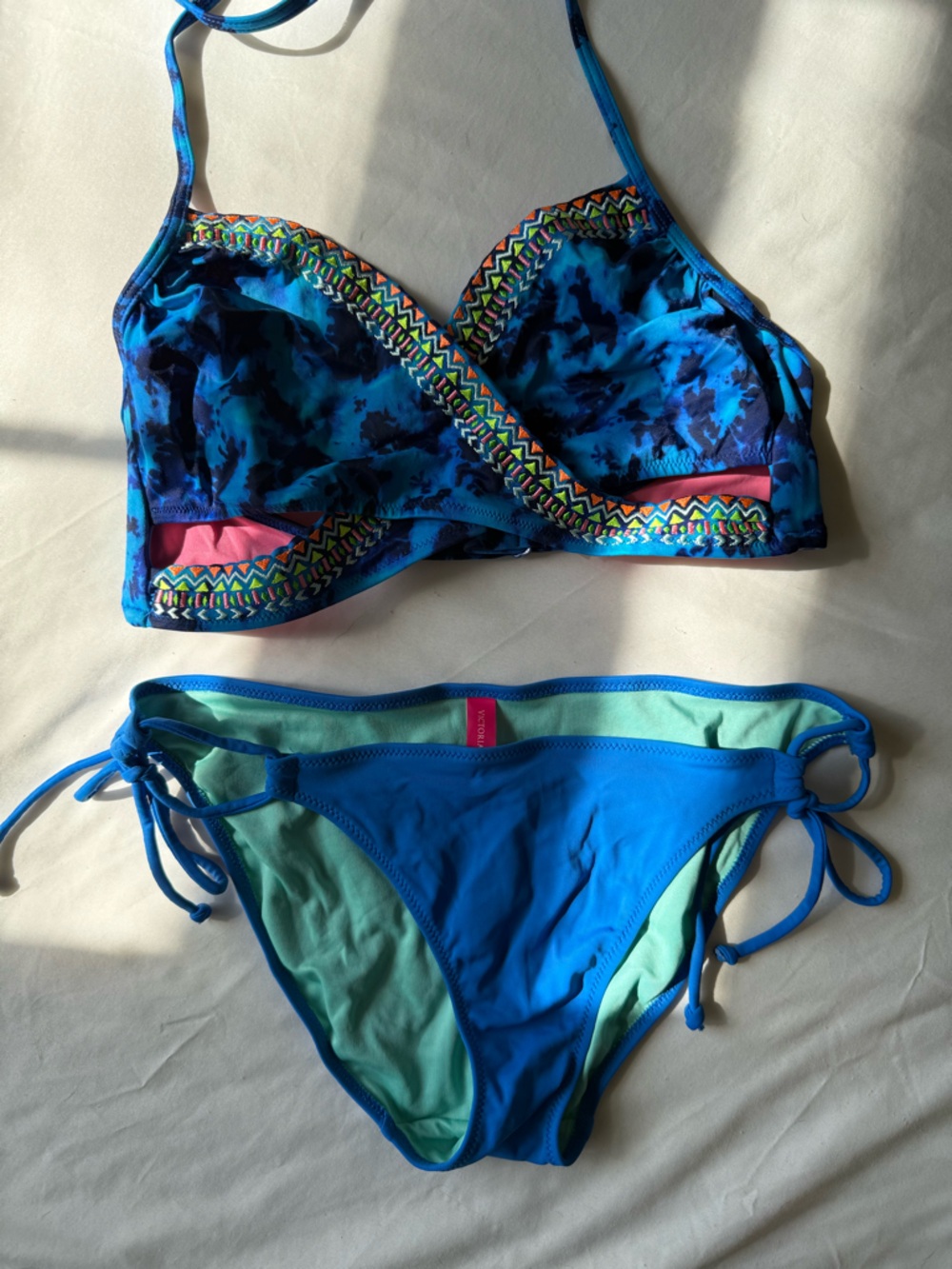 PINK Victoria's Secret Blue Printed & Teal Two-Piece Bikini